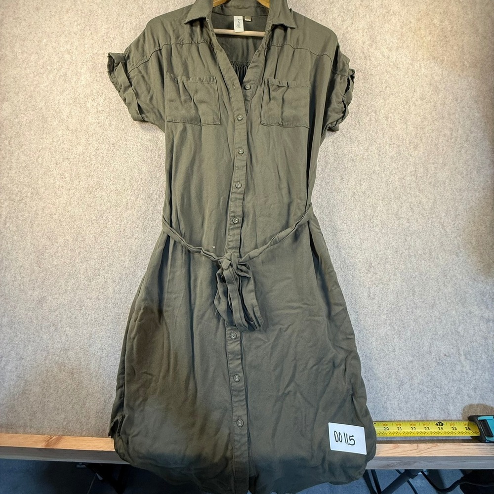 Allison Joy Olive Green Button Down Utility Shirt Dress Tie Waist Small